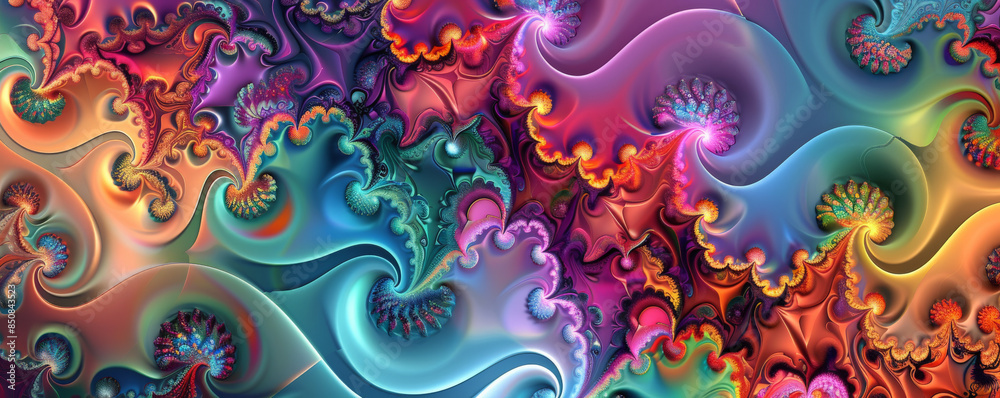 A fractal with a vibrant, psychedelic color scheme and flowing, organic shapes.