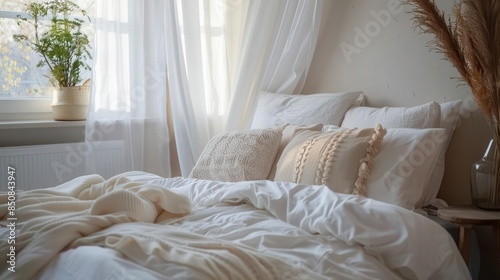 cozy bedroom interior with comfortable bed soft white pillows and bedding photo