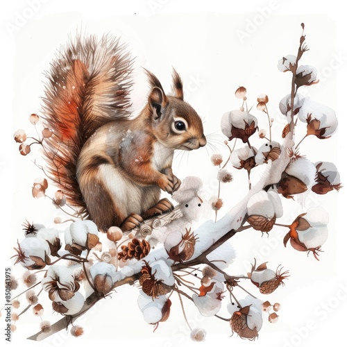 Hand-painted Winter Wildlife. Watercolor Christmas Composition with Squirrel, Cotton Flowers, and Golden Snowflakes photo