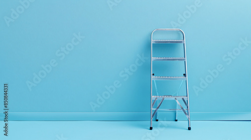 Metal stepladder on light blue background.  photo