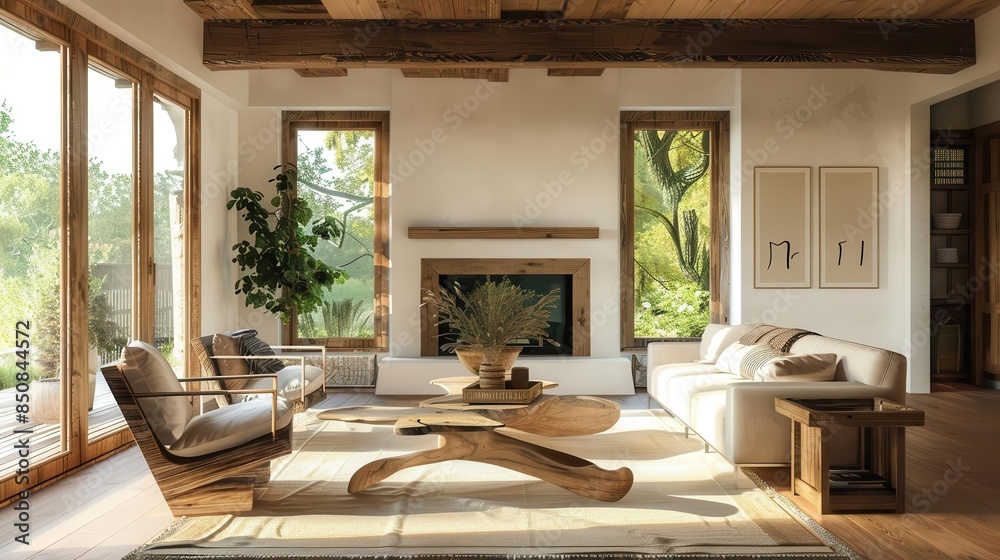 Fototapeta premium cozy mediterranean modern cottage living room interior with rustic coffee table sofa chairs and fireplace 3d render