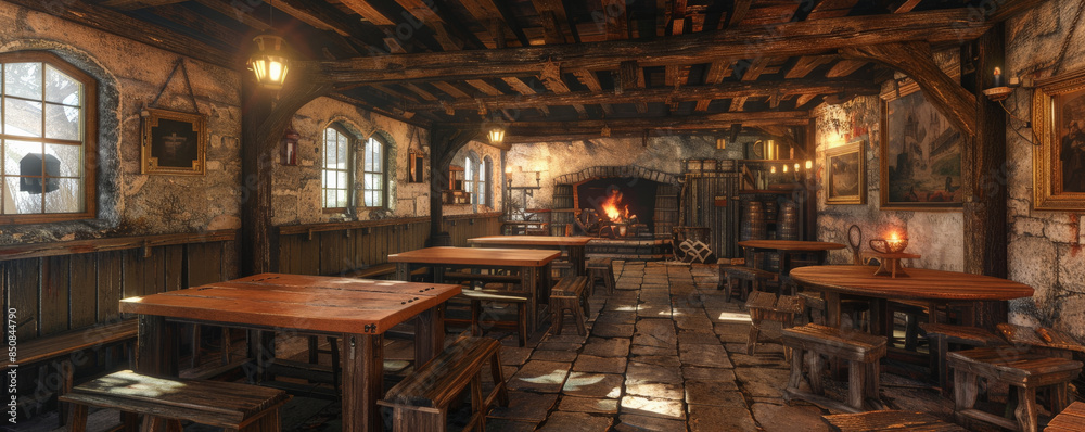 A medieval tavern with wooden tables and a roaring hearth. A medieval tavern with wooden tables and a roaring hearth.