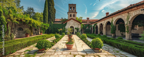 A medieval monastery with stone cloisters and lush gardens. photo