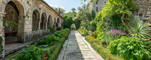 A medieval monastery with stone cloisters and lush gardens. photo