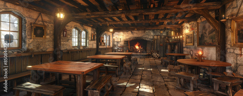 A medieval tavern with wooden tables and a roaring hearth.
