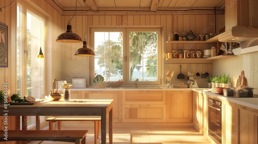 cozy wooden home kitchen interior with dining table cooking cabinet and window warm domestic scene cozy wooden home kitchen interior with dining table cooking cabinet and window warm domestic scene