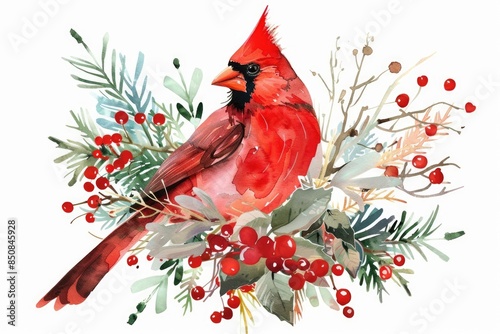 Red Winter Cardinal Bird Perched on Holly Branch with Festive Bouquet. Hand-Drawn Watercolor Illustration for Christmas Celebration