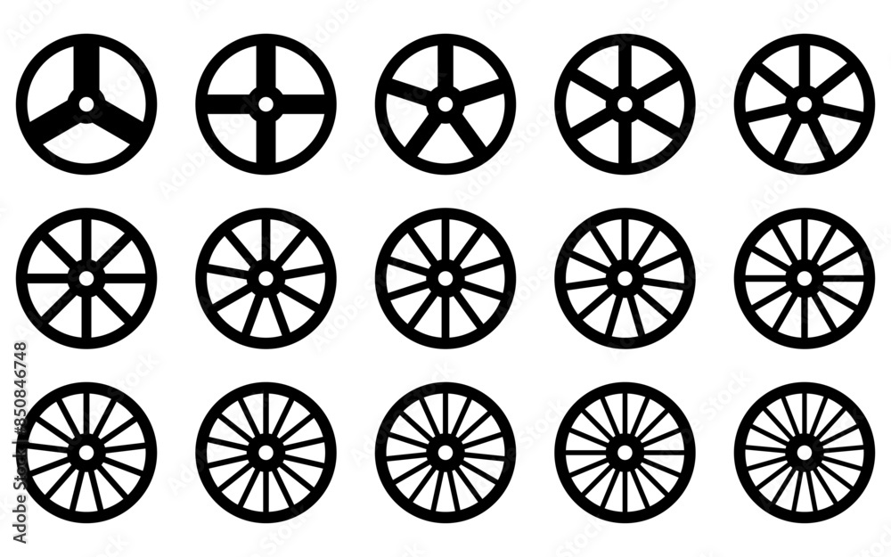 Many wheel on white background, black and white, many spokes Many wheel on white background, black and white, many spokes