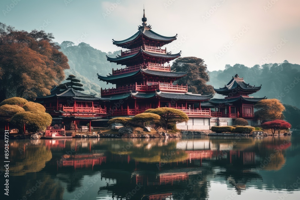 Naklejka premium Serene Japanese Temple with Reflective Lake