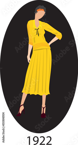 Illustration Vector isolated of fashion woman 1922 dress model, dress history, fashion evolution.