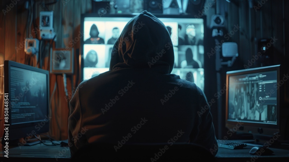 man on his back with a hoodie watching a screen or security cameras. spy or hacker concept man on his back with a hoodie watching a screen or security cameras. spy or hacker concept
