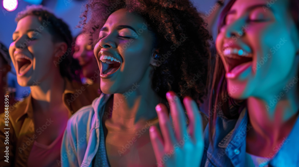 Obraz premium Joyful friends singing together at a party. Happy young people having fun, celebrating, and enjoying music under vibrant lights.