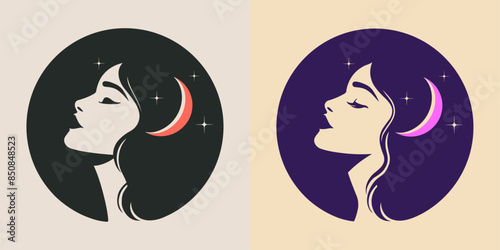 women beauty and moon logo icon design template, feminine portrait silhouette illustration	