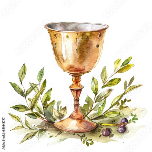 Sacred Chalice. Handcrafted Watercolor Illustration on White Background Depicts Holy Communion Ceremony