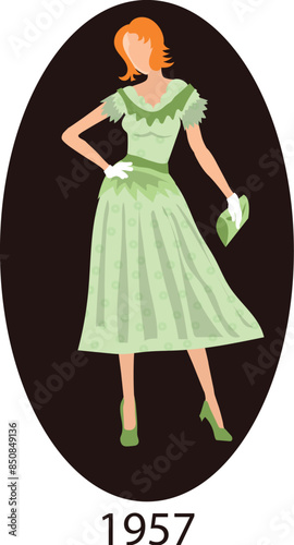 Illustration Vector isolated of fashion woman 1957 dress model, dress history, fashion evolution.