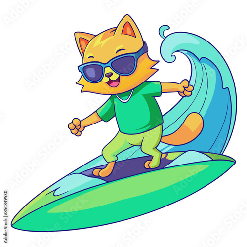 Vector image of an anime cat surfer riding a huge wave, with a relaxed, cool expression and sunglasses perched on its nose