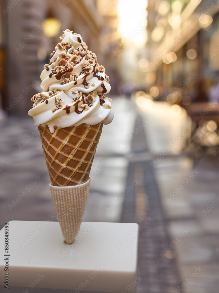Strawberry, vanilla and chocolate soft ice creams or frozen custard in cone isolated on white background Strawberry, vanilla and chocolate soft ice creams or frozen custard in cone isolated on white background