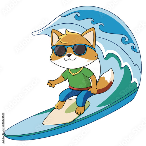 Vector image of an anime cat surfer riding a huge wave, with a relaxed, cool expression and sunglasses perched on its nose