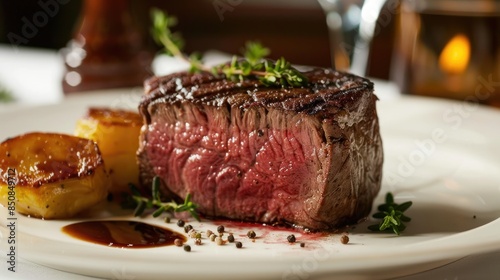 An upscale steakhouse with prime cuts of meat, elegant décor, and impeccable service AI generated