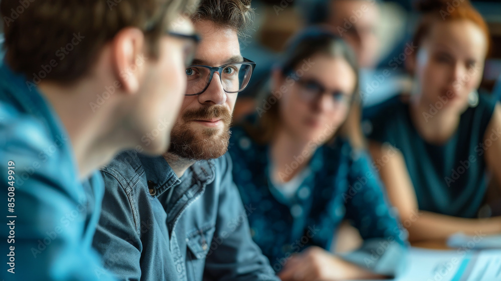 A focused group of business professionals engage in a productive discussion during a meeting, fostering collaboration and idea generation. A focused group of business professionals engage in a productive discussion during a meeting, fostering collaboration and idea generation.