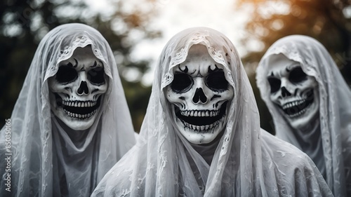 Scary Halloween ghost skeleton with skull on white background photo