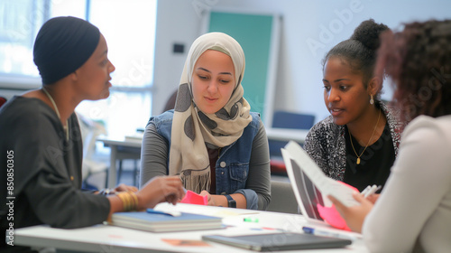Diverse group of female students studying together in a classroom.