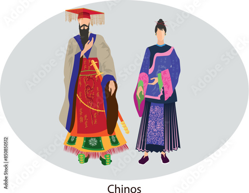 Illustration vector isolated of chinese, traditional costumes, chinos