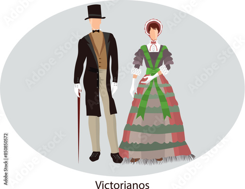 Illustration vector isolated of victorian era, traditional costumes