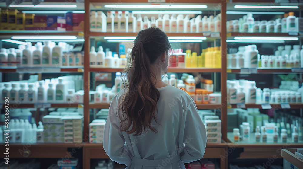 Rear view of young female pharmacist in front of a shelf with medications, pills and pharmaceutical products. Health, medicine and pharmacy concept. Pharmacy store. Rear view of young female pharmacist in front of a shelf with medications, pills and pharmaceutical products. Health, medicine and pharmacy concept. Pharmacy store.