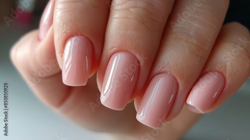 Close-up of a person's hand with neatly manicured nails. The nails are short to medium in length, with a square shape and rounded corners photo