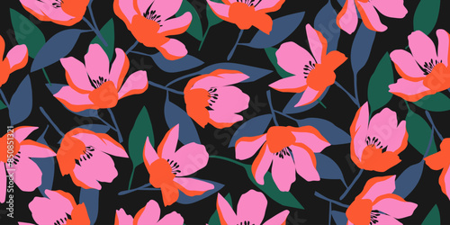 Trendy exotic hand drawn flowers seamless pattern. Floral background for textile, wallpaper, banner, covers, surface, printing and home decor. Flower vector illustration.
