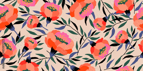 Trendy exotic hand drawn flowers seamless pattern. Floral background for textile, wallpaper, banner, covers, surface, printing and home decor. Flower vector illustration.