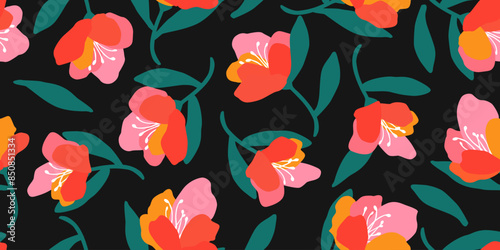 Trendy exotic hand drawn flowers seamless pattern. Floral background for textile, wallpaper, banner, covers, surface, printing and home decor. Flower vector illustration.