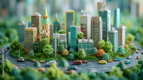 Paysage urbain vert avec immeubles d'affaires, voitures et silhouettes : des projets à impacts et croissance verte des organisations et des entreprises, RSE et développement durable au travail © Leopoldine