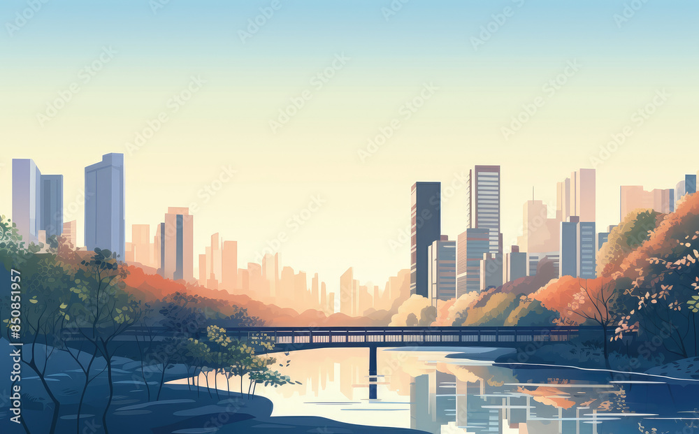 Fototapeta premium Serene City Park at Sunrise Illustration