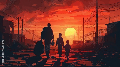 dramatic scene of a refugee family fleeing their wartorn city under bombardment powerful social issue concept illustration