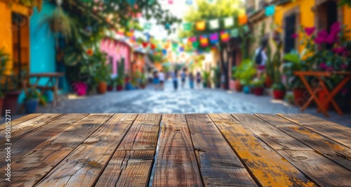 Wooden Tabletop in Front of a Colorful Street in Mexico