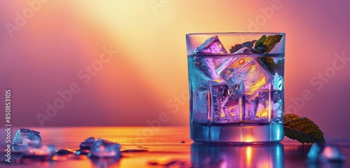 Glass of Water With Ice and Mint on a Table With a Colorful Background
