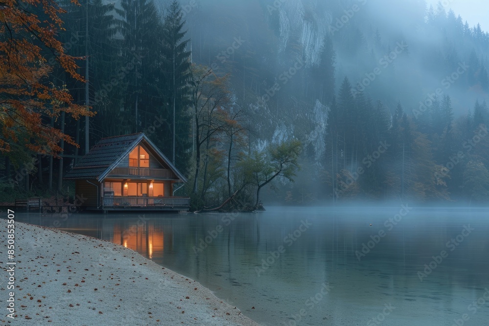 Secluded tiny house on the sandy shore of a lake with fog in a coniferous forest in cold cloudy lighting with warm light from the Windows