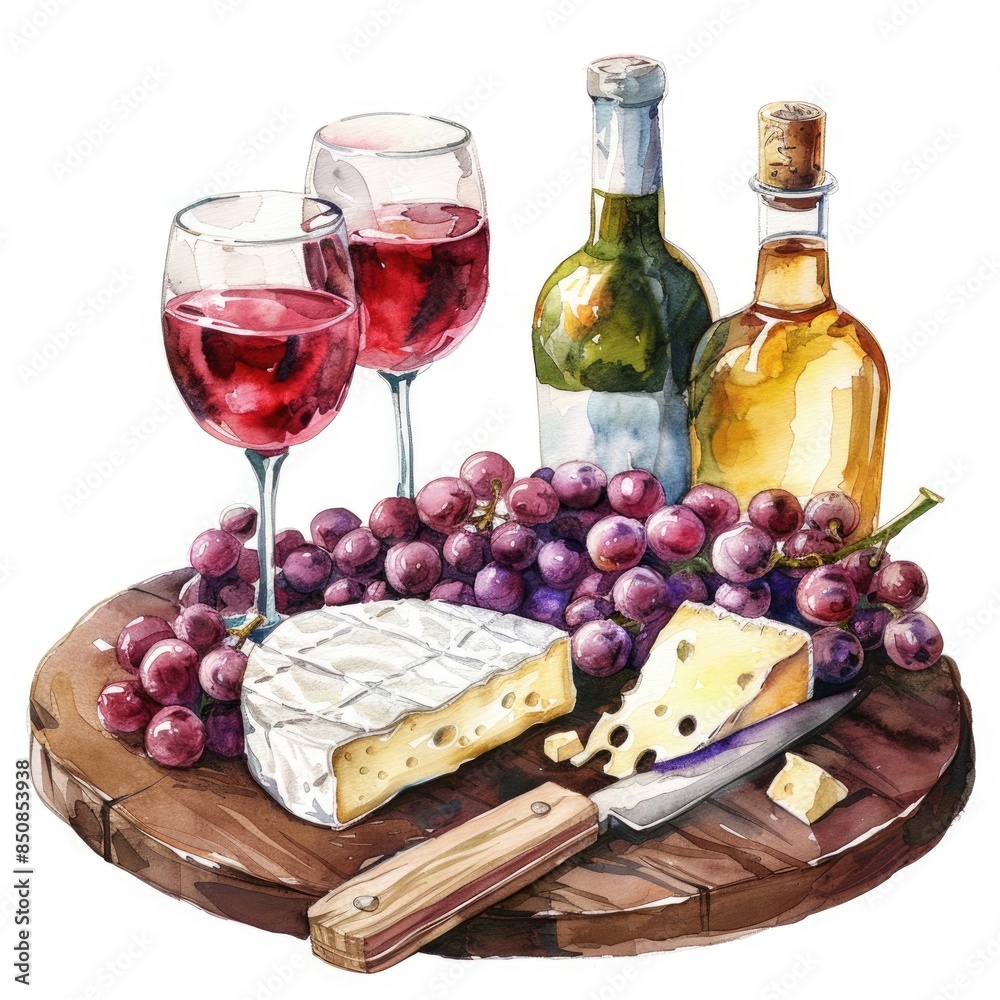 Wine and Cheese Delight: A Rustic Watercolor Illustration of Delicious French Cheese, Fresh Grapes, and a Glass of Wine on a White Background Wine and Cheese Delight: A Rustic Watercolor Illustration of Delicious French Cheese, Fresh Grapes, and a Glass of Wine on a White Background