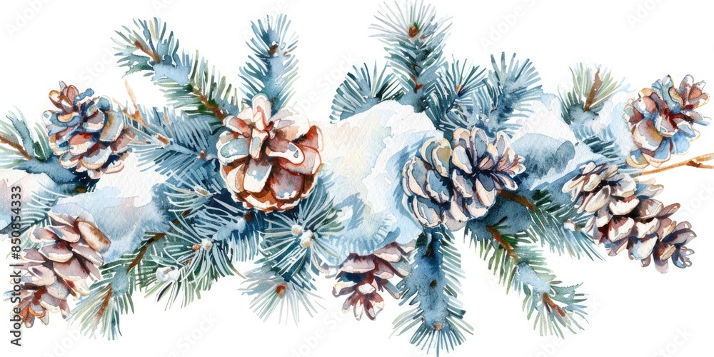 Naklejka premium Winter Holiday Decoration. Watercolor Pine Cone on Spruce Branch with Snowy Fir Cones