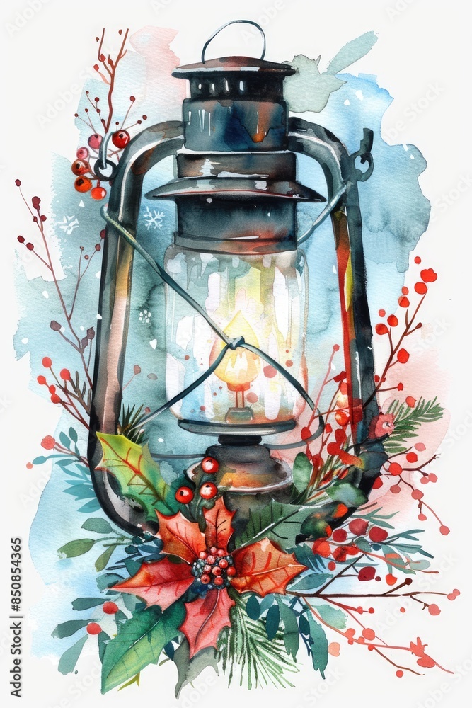 Winter Lantern with Festive Bouquet. Hand-drawn Watercolor Illustration Winter Lantern with Festive Bouquet. Hand-drawn Watercolor Illustration