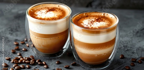 Two Cups of Latte With Coffee Beans on a Dark Surface