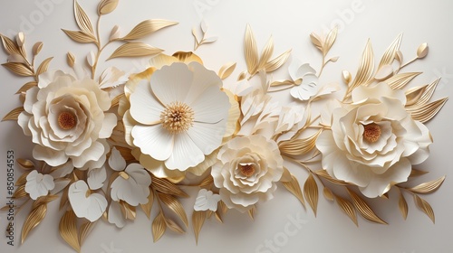 3D mural wallpaper flowers in gold and cream colors