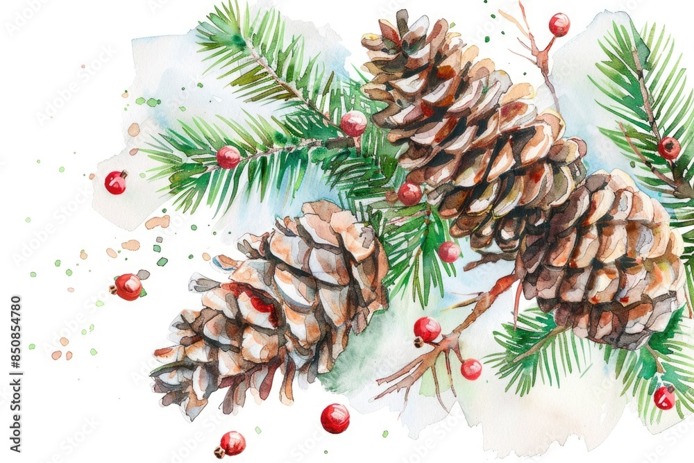 Fototapeta premium Winter Wonderland: Hand-painted Watercolor Spruce Branch with Festive Fir Cones