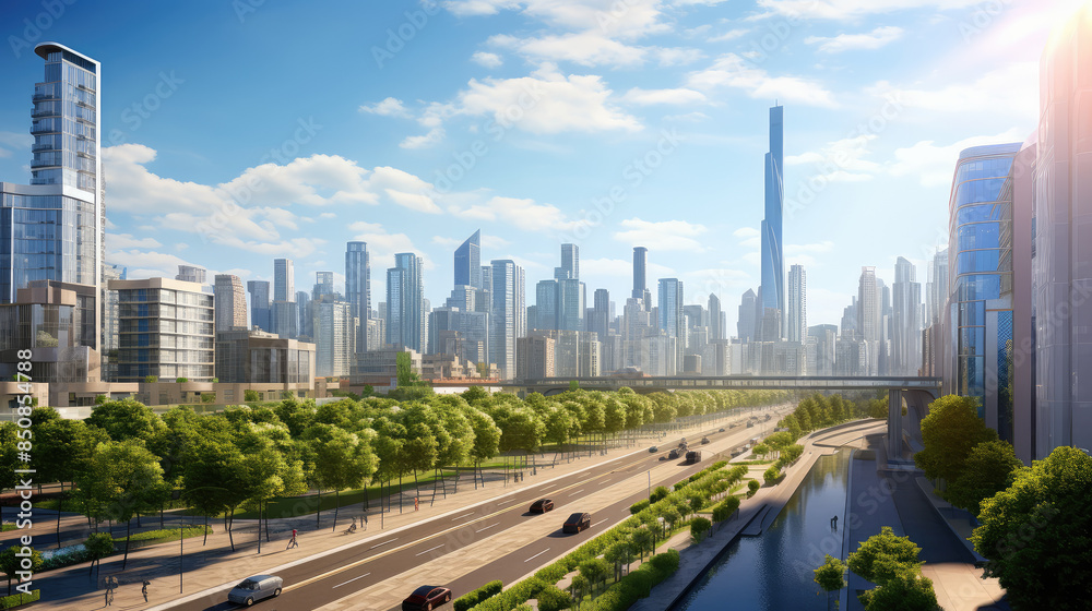 Urban Oasis: Sunny Skyline and Waterway Scene Urban Oasis: Sunny Skyline and Waterway Scene