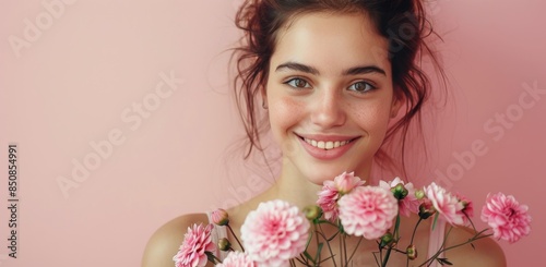 Young Woman Smiling and Holding Pink Flowers Against Pink Wall
