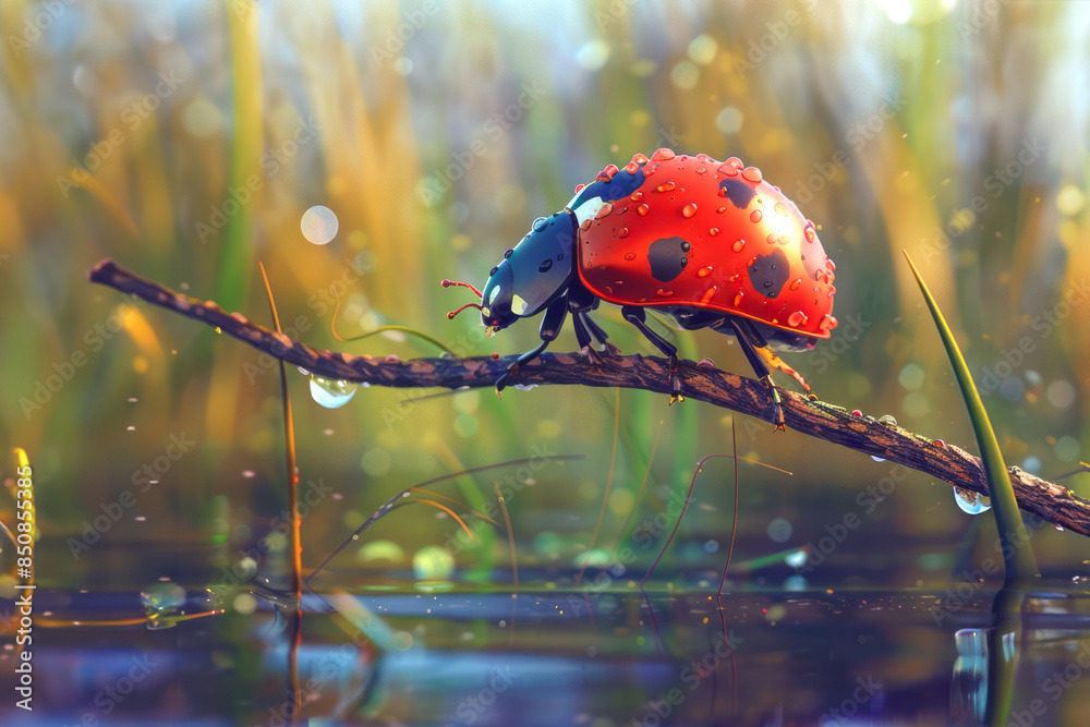 Obraz premium A vibrant ladybug with water droplets on its back perches on a branch above a glistening pond in a natural setting. 