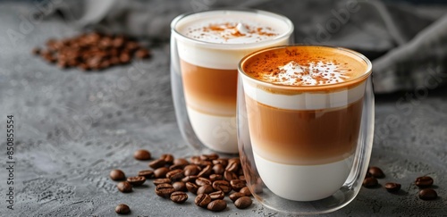 Two Cups of Latte With Coffee Beans on a Dark Surface
