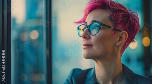 candid lesbian business woman with pink hair looking out of office window. successful gay female entrepreneur. inclusion & diversity at work. DEIB LGBTQ